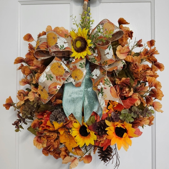 Other - Rustic Autumn Wreath with Sunflowers and Pumpkins